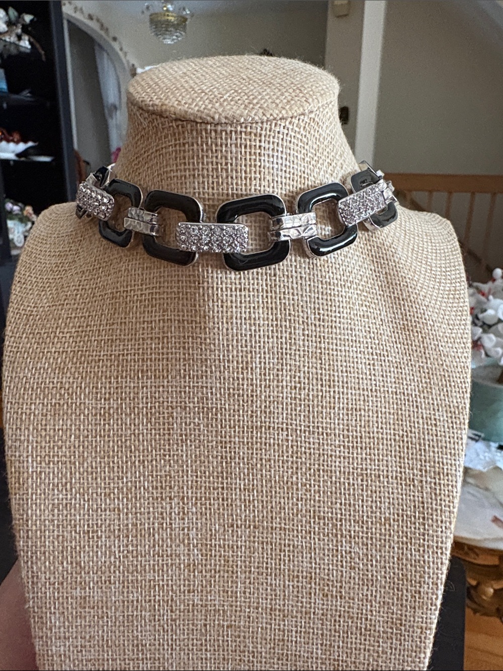 0208) Apt. 9 Silver Tone Chunky Geometric Link Statement Choker Black Enamel NWT